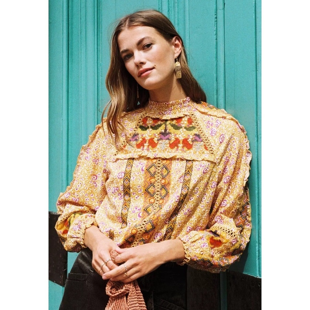 Maeve Anthropologie Goldie Embroidered Blouse 4 Boho 70 Peasant Folk Cottagecore